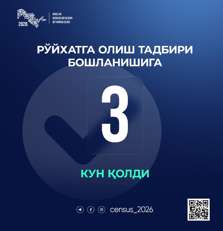 Onlayn roʻyxatga olish boshlanishiga 3 kun qoldi